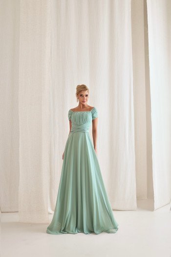 VESTIDO DE FESTA LISBOA LONGO DRAPEADO COM FAIXA - VERDE SAGE