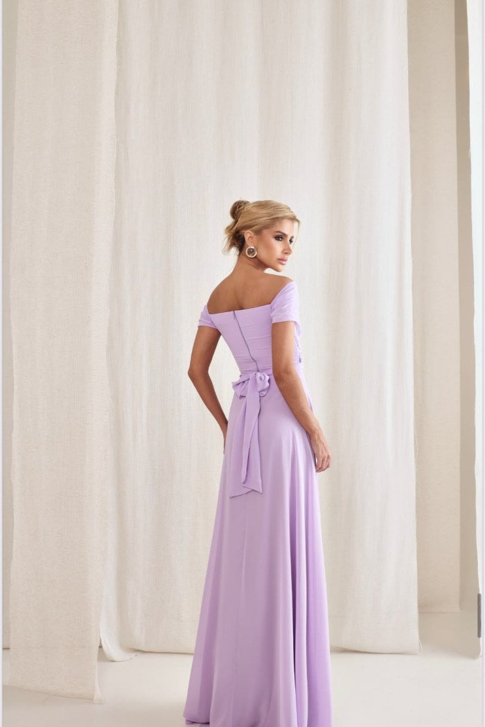 VESTIDO DE FESTA LISBOA LONGO DRAPEADO COM FAIXA - LILÁS