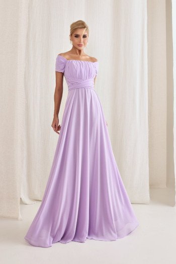 VESTIDO DE FESTA LISBOA LONGO DRAPEADO COM FAIXA - LILÁS