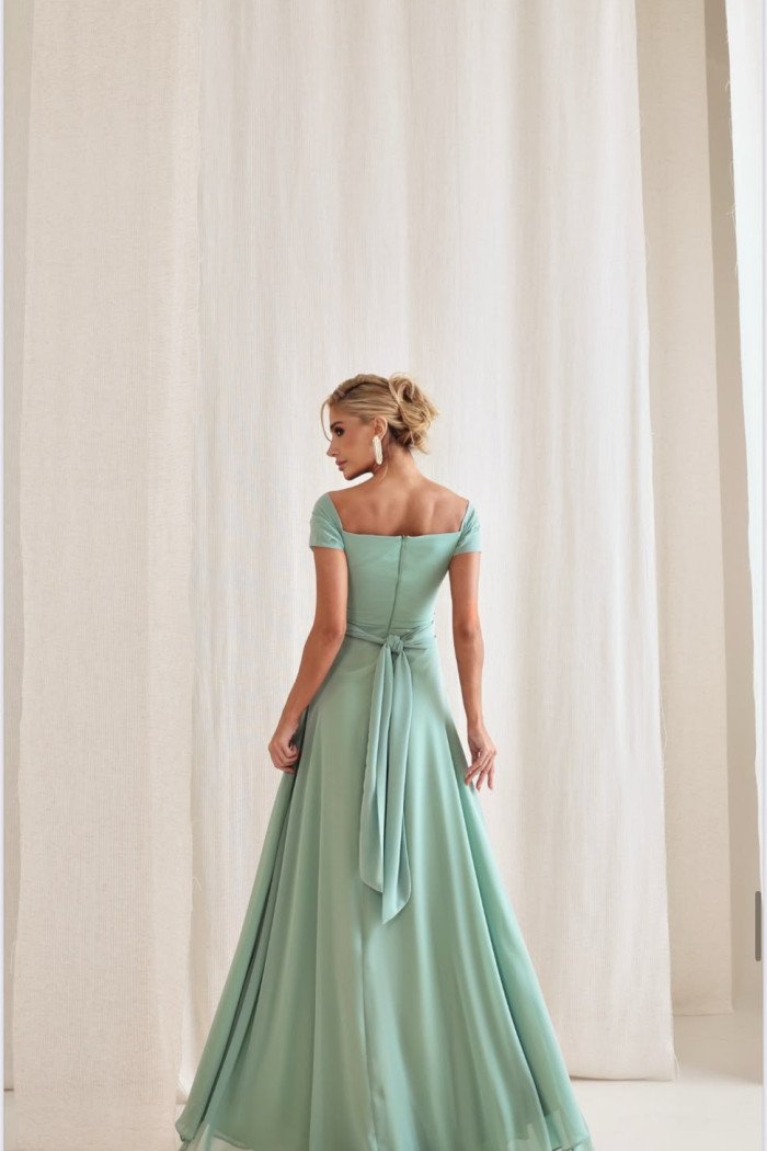 VESTIDO DE FESTA LISBOA LONGO DRAPEADO COM FAIXA - VERDE SAGE
