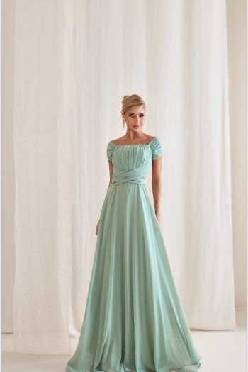 VESTIDO DE FESTA LISBOA LONGO DRAPEADO COM FAIXA - VERDE SAGE