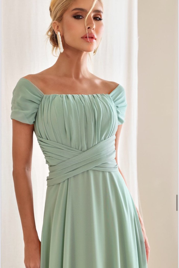 VESTIDO DE FESTA LISBOA LONGO DRAPEADO COM FAIXA - VERDE SAGE