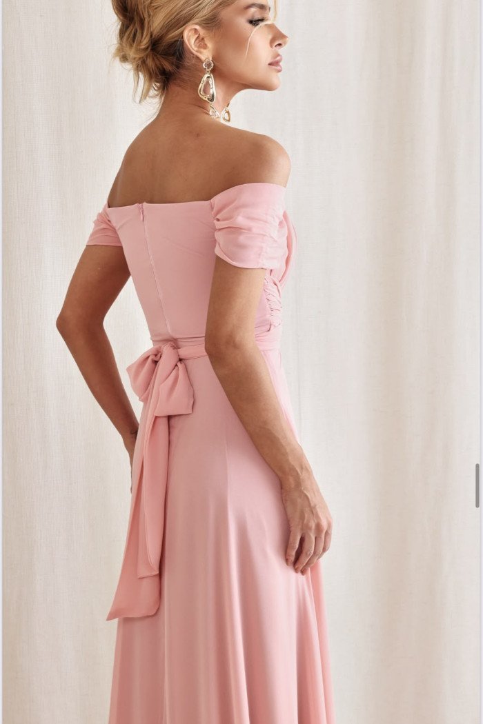 VESTIDO DE FESTA LISBOA LONGO DRAPEADO COM FAIXA - ROSA CLARO