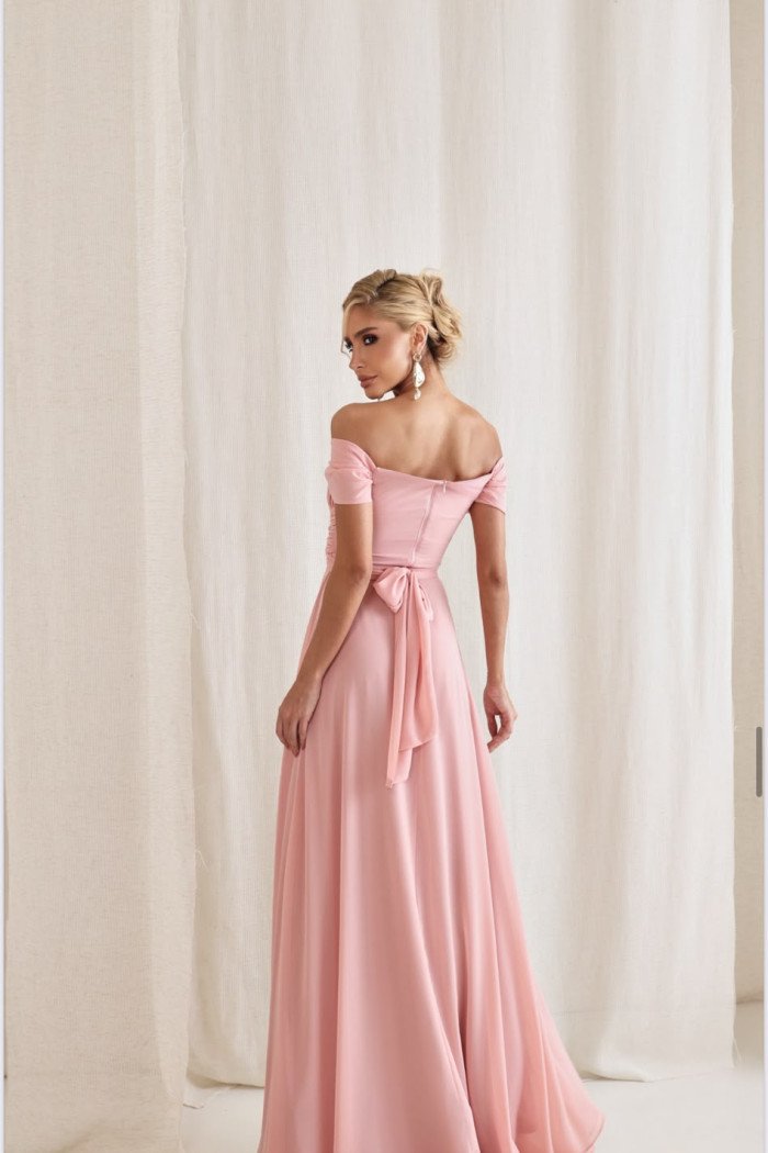 VESTIDO DE FESTA LISBOA LONGO DRAPEADO COM FAIXA - ROSA CLARO