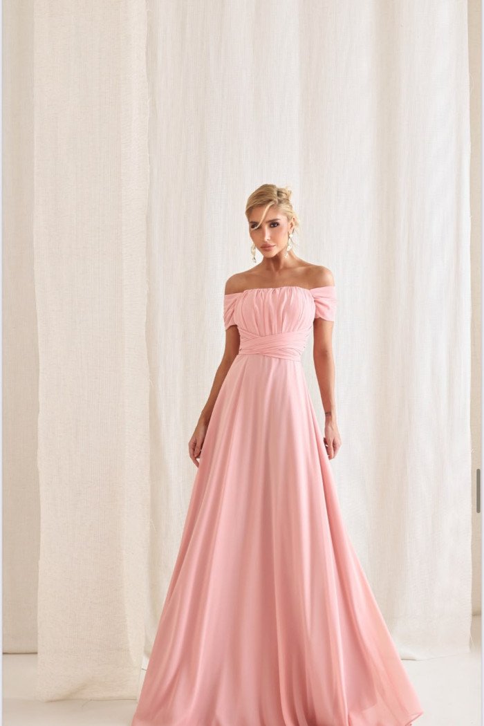 VESTIDO DE FESTA LISBOA LONGO DRAPEADO COM FAIXA - ROSA CLARO