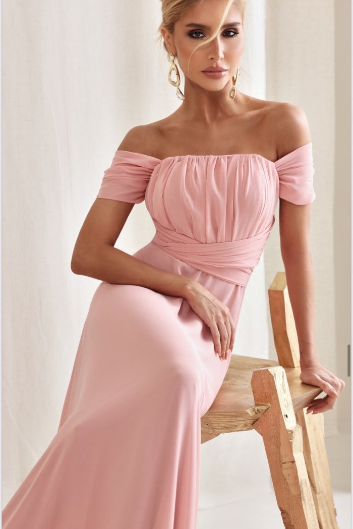 VESTIDO DE FESTA LISBOA LONGO DRAPEADO COM FAIXA - ROSA CLARO