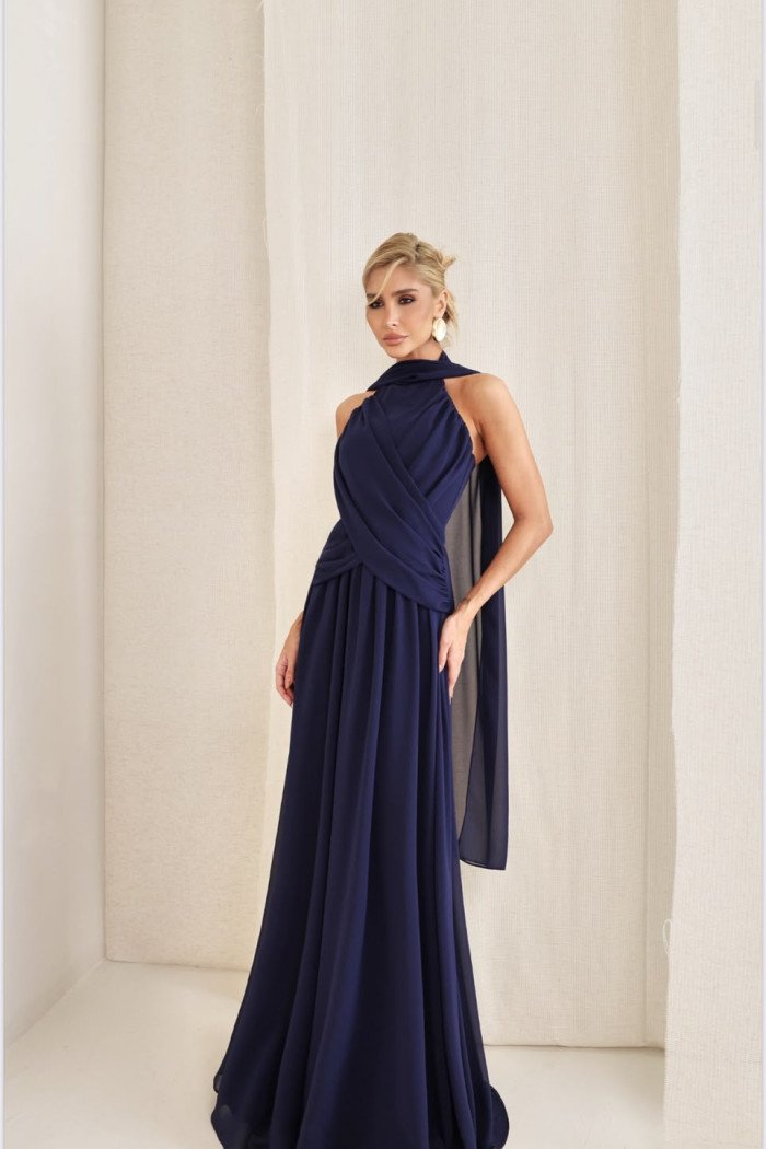 VESTIDO DE FESTA BANGKOK LONGO CRUZADO CAPA - AZUL MARINHO