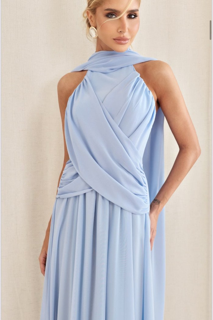 VESTIDO DE FESTA BANGKOK LONGO CRUZADO CAPA - AZUL SERENITY