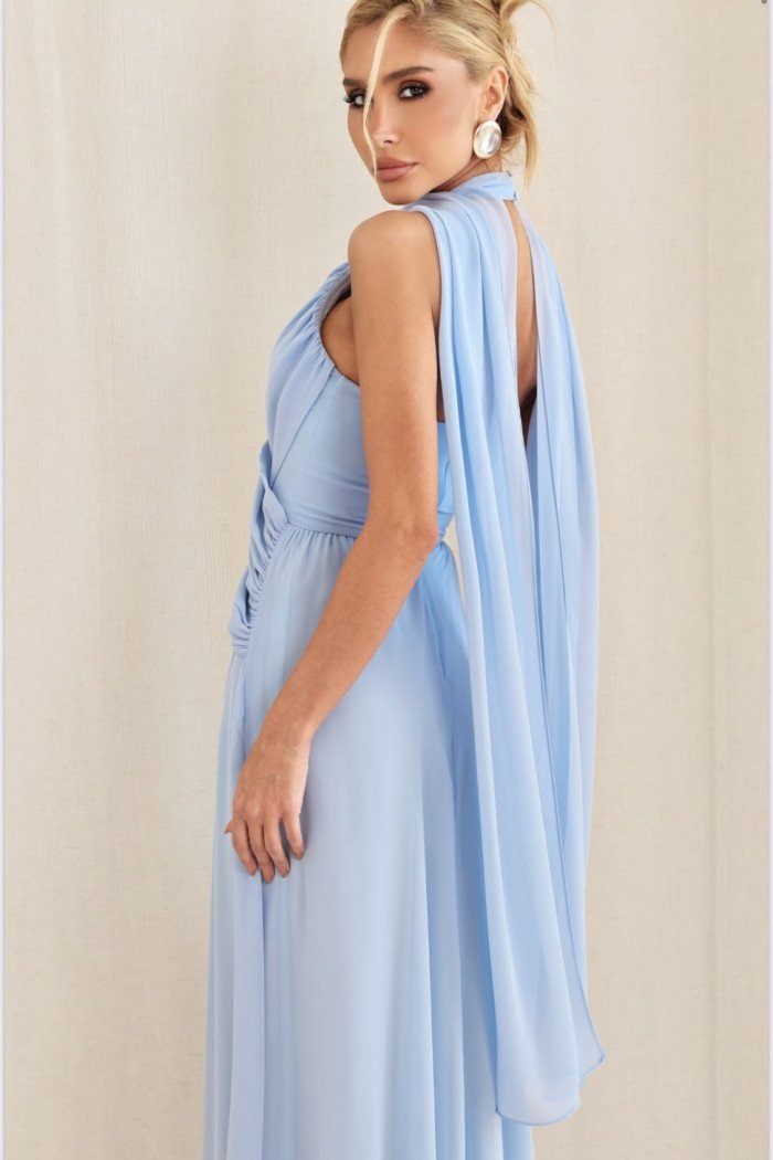 VESTIDO DE FESTA BANGKOK LONGO CRUZADO CAPA - AZUL SERENITY