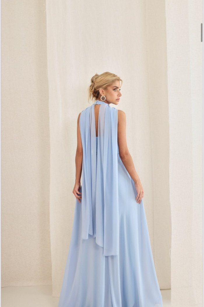 VESTIDO DE FESTA BANGKOK LONGO CRUZADO CAPA - AZUL SERENITY