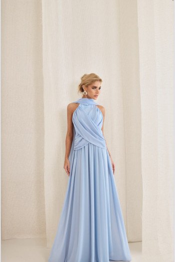 VESTIDO DE FESTA BANGKOK LONGO CRUZADO CAPA - AZUL SERENITY