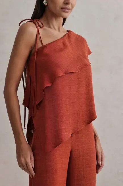 CONJUNTO BLUSA ASSIMÉTRICA CREPE - TERRACOTA