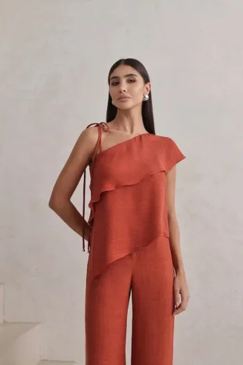 CONJUNTO BLUSA ASSIMÉTRICA CREPE - TERRACOTA