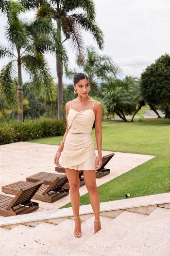 CONJUNTO DALLAS CROPPED E SHORTS DREAPEADO - CREME