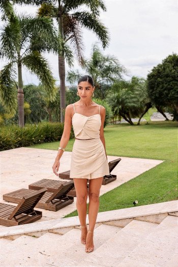 CONJUNTO DALLAS CROPPED E SHORTS DREAPEADO - CREME