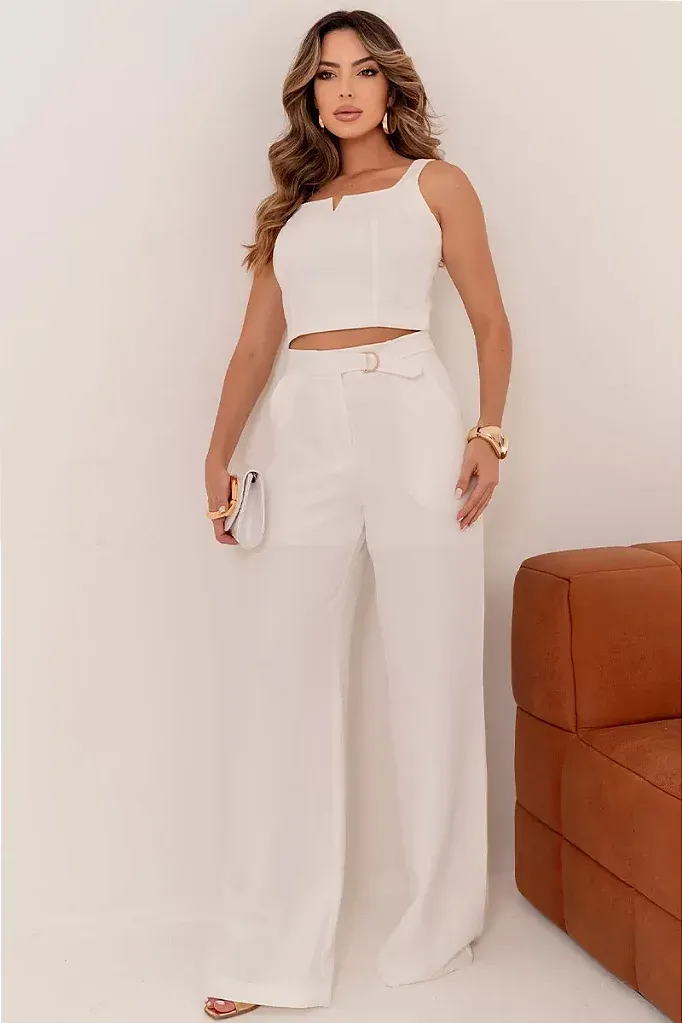 CONJUNTO TÃNIA CROPPED E CALÇA C/DETALHE METAL - OFF WHITE
