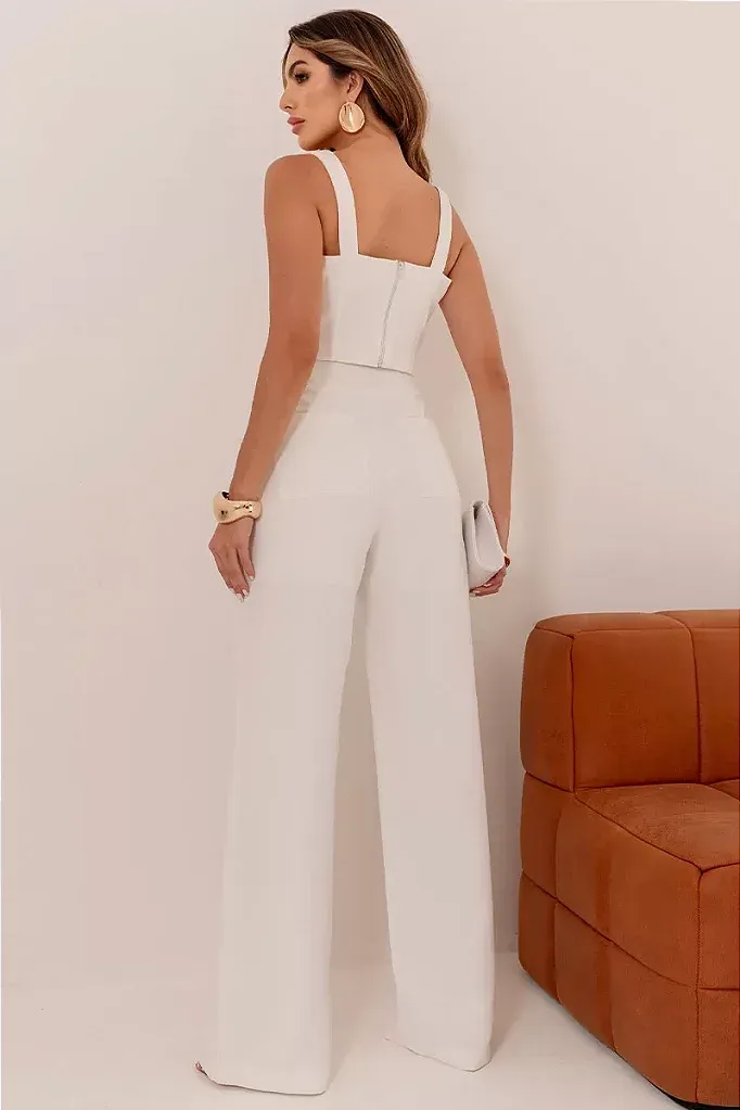 CONJUNTO TÃNIA CROPPED E CALÇA C/DETALHE METAL - OFF WHITE