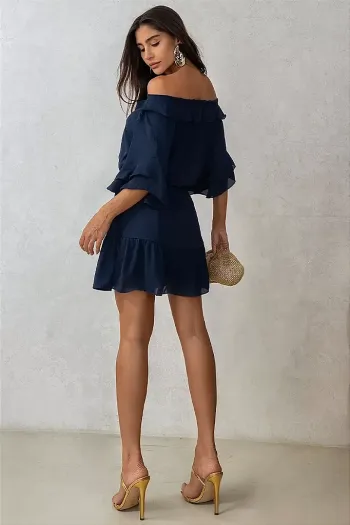 VESTIDO SIMONE CREPE OMBRO A OMBRO COM FAIXA - AZUL MARINHO