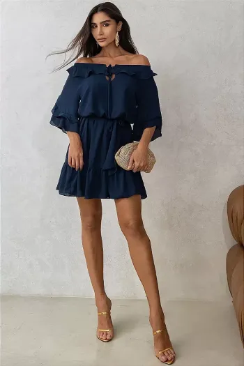 VESTIDO SIMONE CREPE OMBRO A OMBRO COM FAIXA - AZUL MARINHO