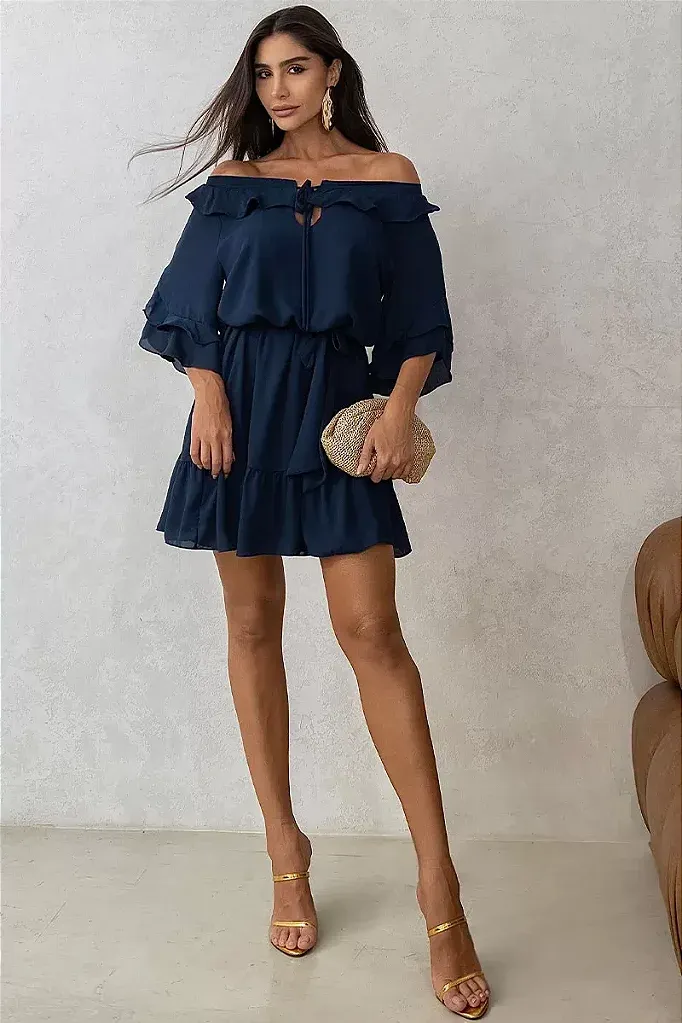 VESTIDO SIMONE CREPE OMBRO A OMBRO COM FAIXA - AZUL MARINHO