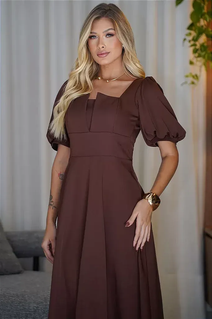 VESTIDO DANIELA MANGA 3/4 COM ZÍPER - MARROM