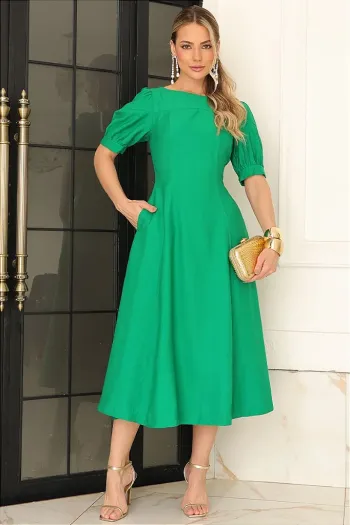 VESTIDO MIDI OHANA MANGA CURTA COM BOLSOS - VERDE