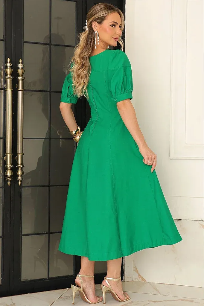 VESTIDO MIDI OHANA MANGA CURTA COM BOLSOS - VERDE