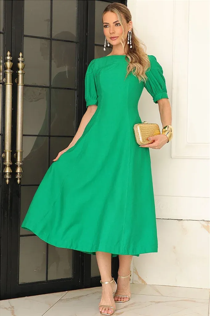 VESTIDO MIDI OHANA MANGA CURTA COM BOLSOS - VERDE