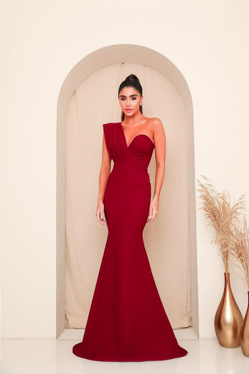 VESTIDO LONGO KOURTNEY OMBRO PREGAS - MARSALA