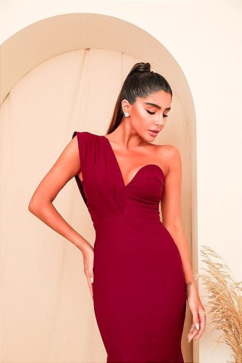VESTIDO LONGO KOURTNEY OMBRO PREGAS - MARSALA