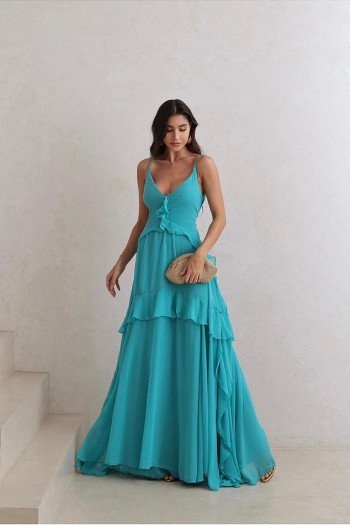 VESTIDO MARIANA CHIFFON BABADOS - TURQUESA