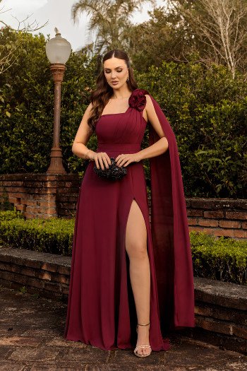 VESTIDO DE FESTA RANCHCORE MANGA AMPLA OMBRO - MARSALA