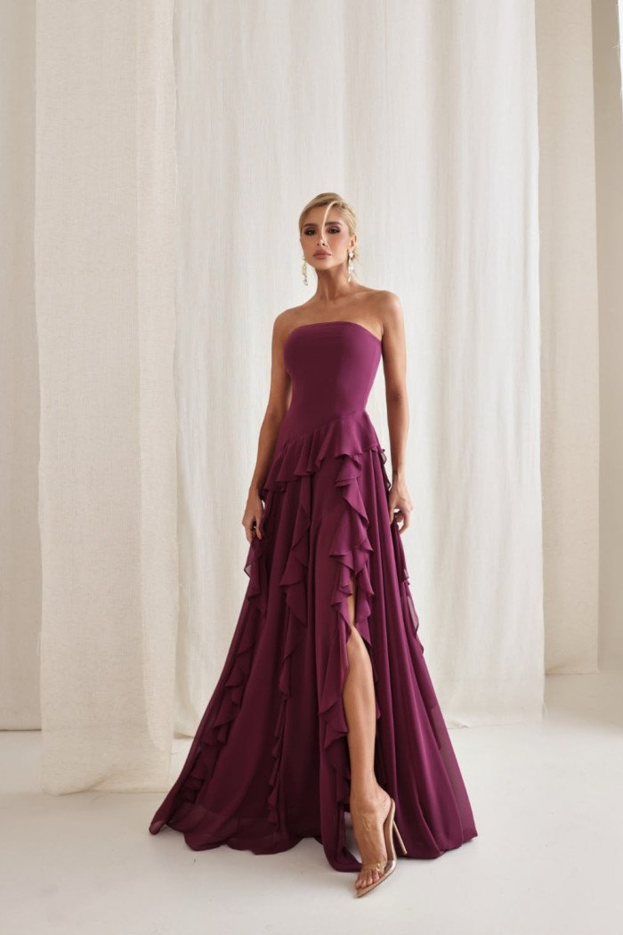 VESTIDO AUSTRÁLIA LONGO BABADOS T.Q.C - FÚCSIA