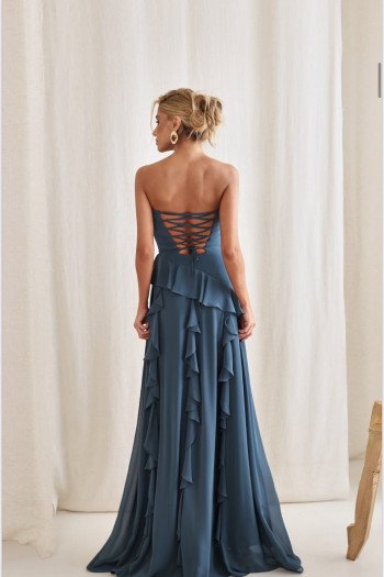 VESTIDO AUSTRÁLIA LONGO BABADOS T.Q.C - AZUL GARRAFA