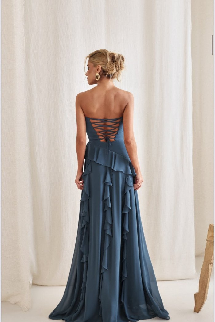 VESTIDO AUSTRÁLIA LONGO BABADOS T.Q.C - AZUL GARRAFA