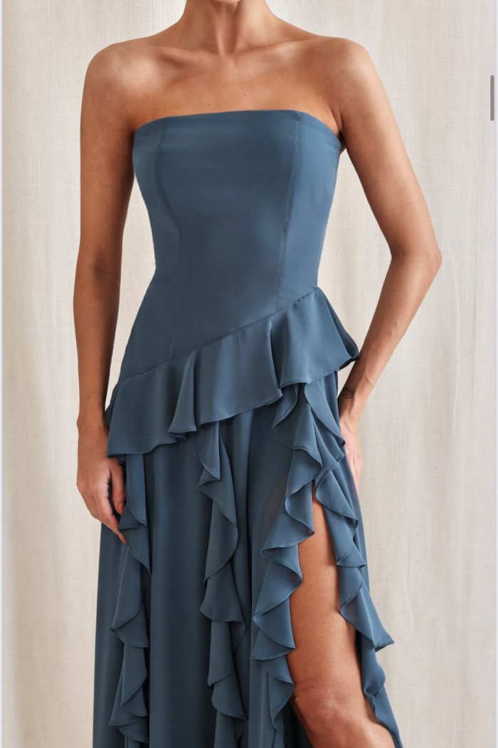 VESTIDO AUSTRÁLIA LONGO BABADOS T.Q.C - AZUL GARRAFA