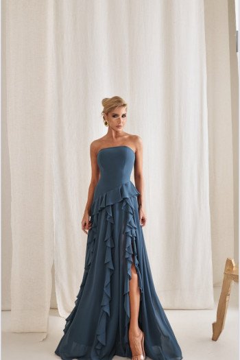 VESTIDO AUSTRÁLIA LONGO BABADOS T.Q.C - AZUL GARRAFA