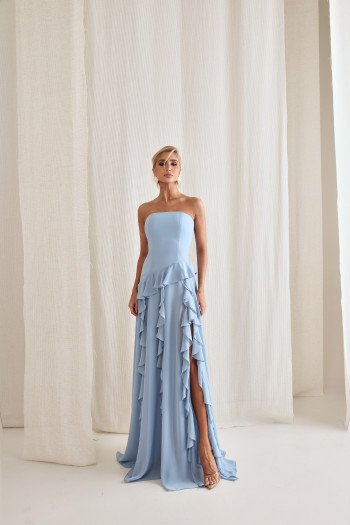 VESTIDO AUSTRÁLIA LONGO BABADOS T.Q.C - AZUL SERENITY