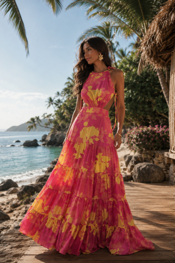 VESTIDO PATRICIA LONGO CHIFFON AMARRAÇÃO - ROSA