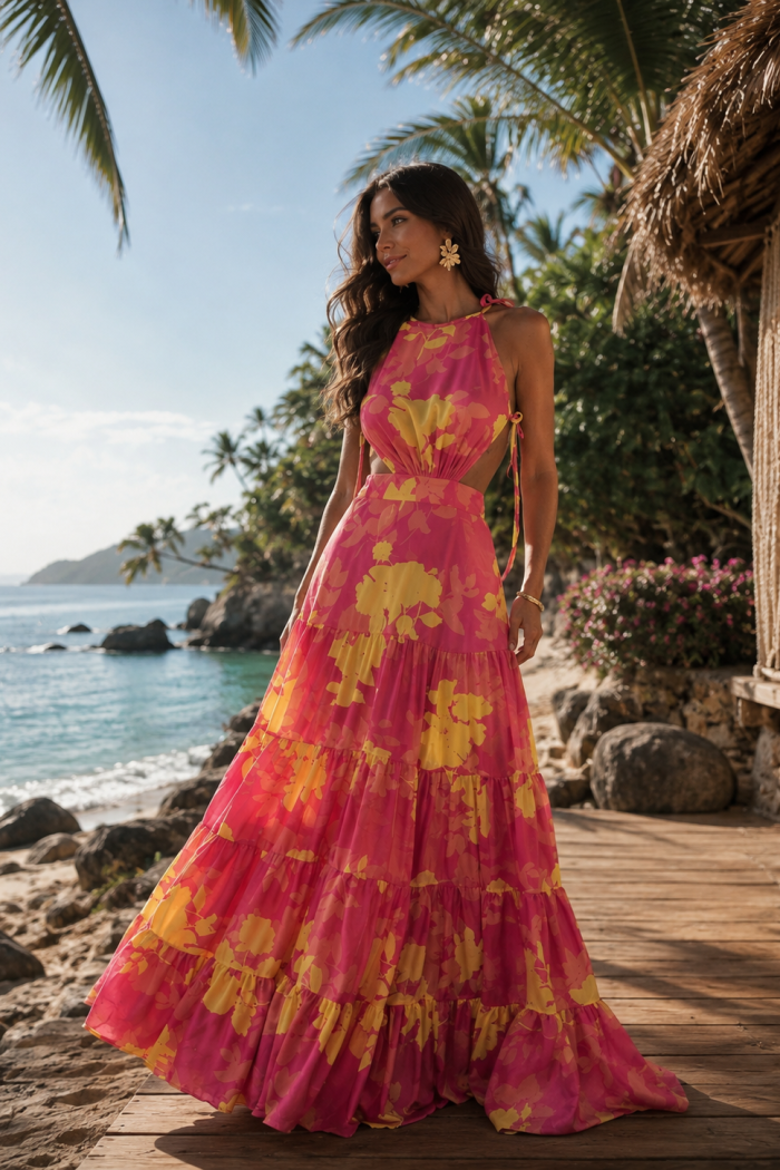 VESTIDO PATRICIA LONGO CHIFFON AMARRAÇÃO - ROSA
