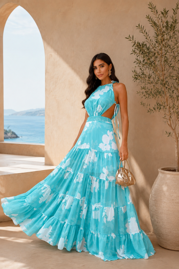VESTIDO PATRICIA LONGO CHIFFON AMARRAÇÃO - AZUL