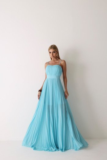 VESTIDO CELINE LONGO PLISSADO CHIFFON - AZUL TURQUESA 