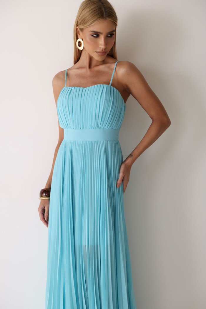 VESTIDO CELINE LONGO PLISSADO CHIFFON - AZUL TURQUESA 