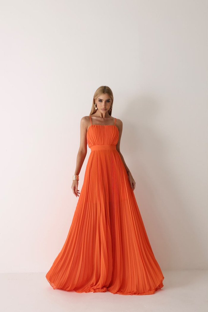 VESTIDO CELINE LONGO PLISSADO CHIFFON - LARANJA