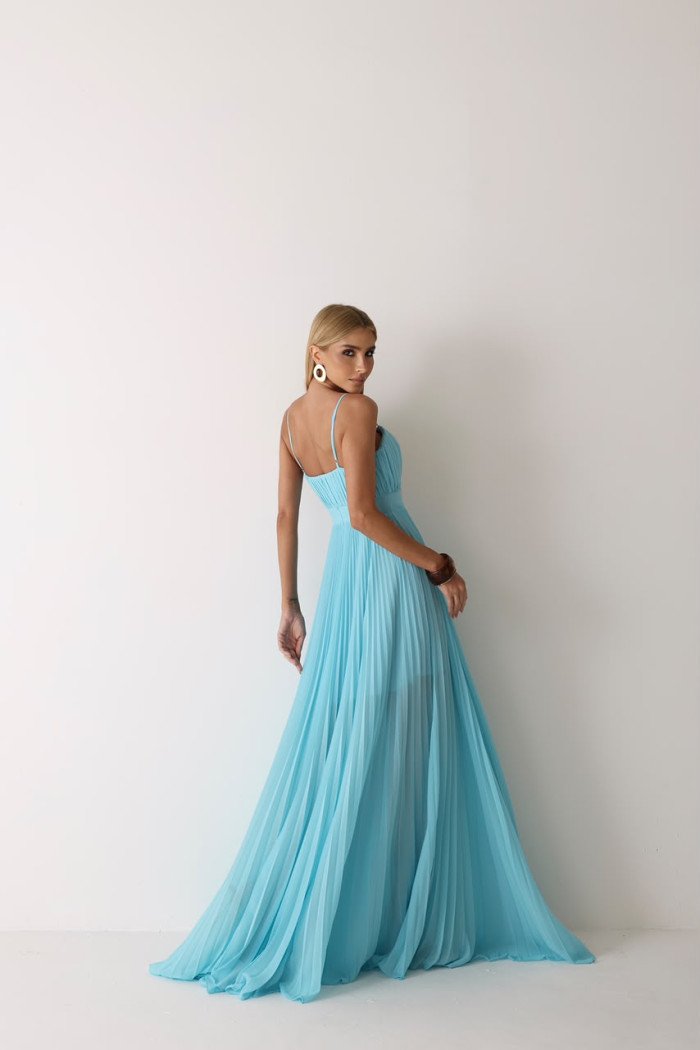 VESTIDO CELINE LONGO PLISSADO CHIFFON - AZUL TURQUESA 