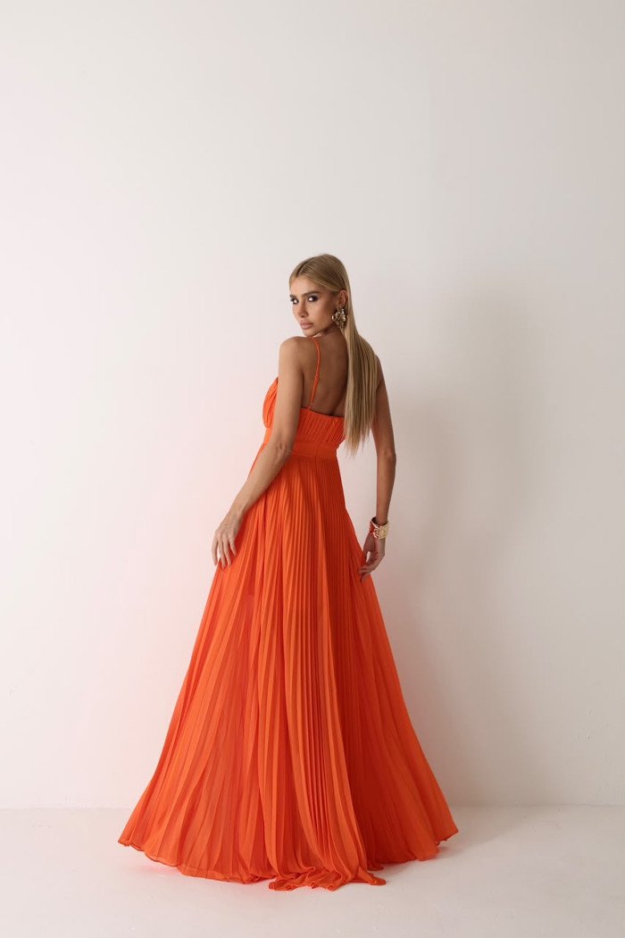 VESTIDO CELINE LONGO PLISSADO CHIFFON - LARANJA