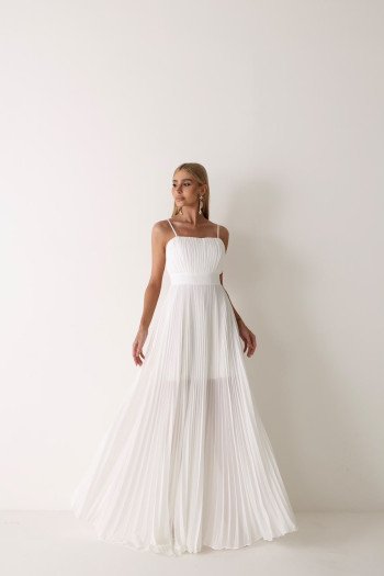 VESTIDO CELINE LONGO PLISSADO CHIFFON - OFF WHITE