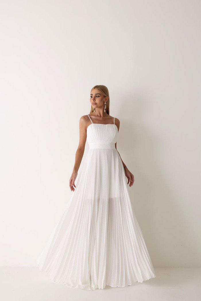 VESTIDO CELINE LONGO PLISSADO CHIFFON - OFF WHITE