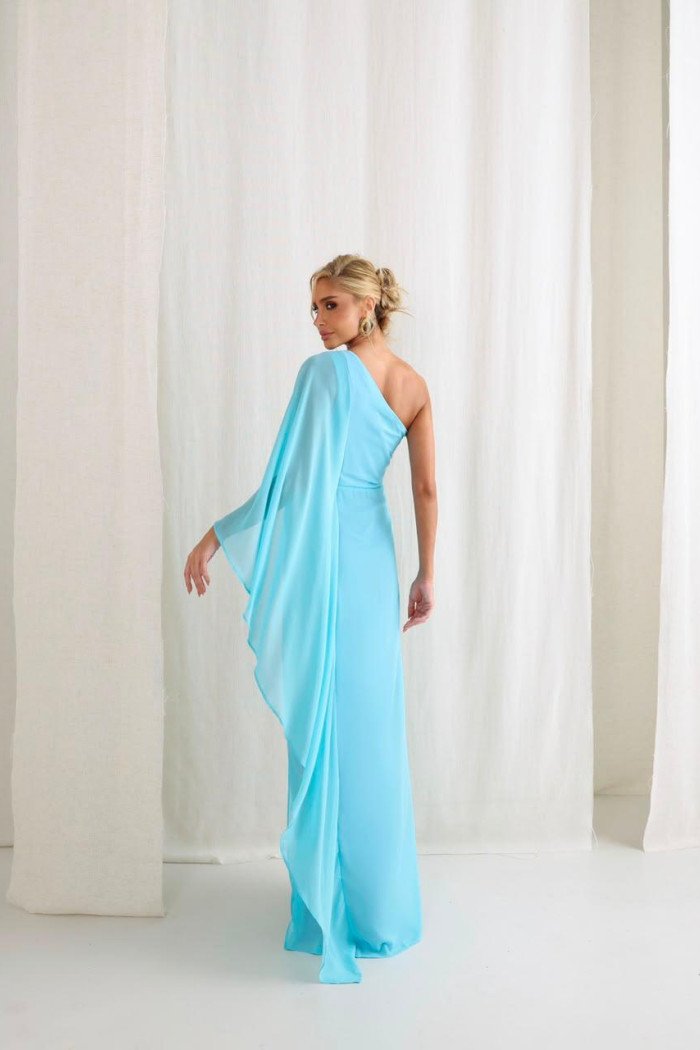 VESTIDO ELÓA CHIFFON NULA MANGA CAPA - AZUL SERENITY