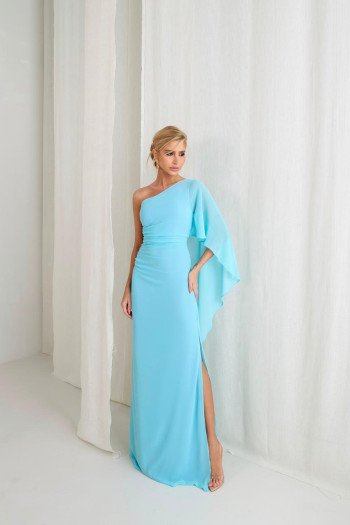 VESTIDO ELÓA CHIFFON NULA MANGA CAPA - AZUL SERENITY
